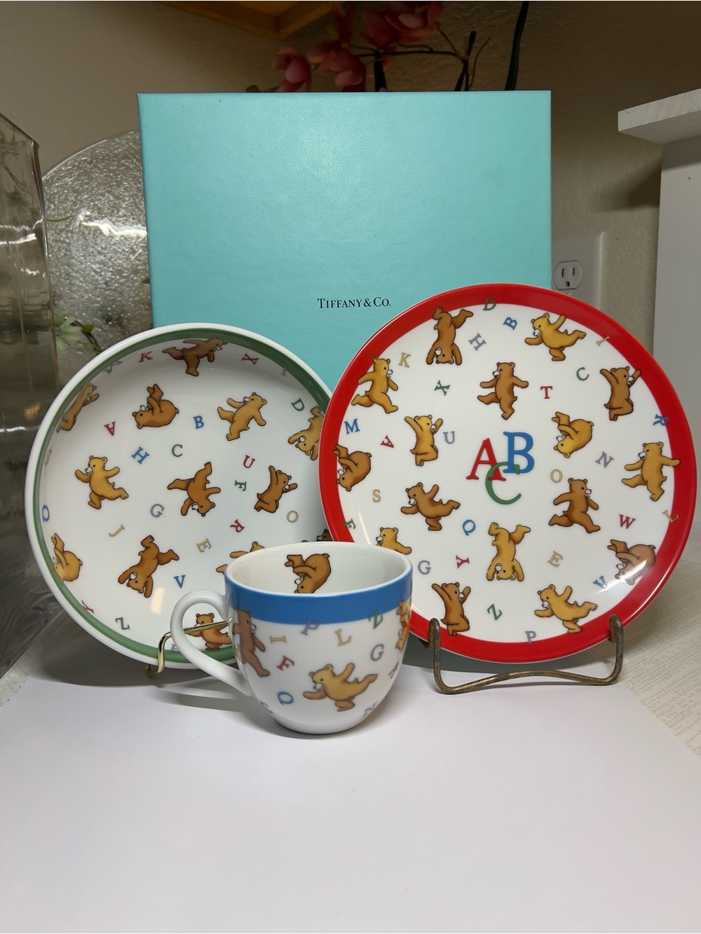 Tiffany & Co. Children's Bear Alphabet Tea Set - Blue, Red, Green New in Box